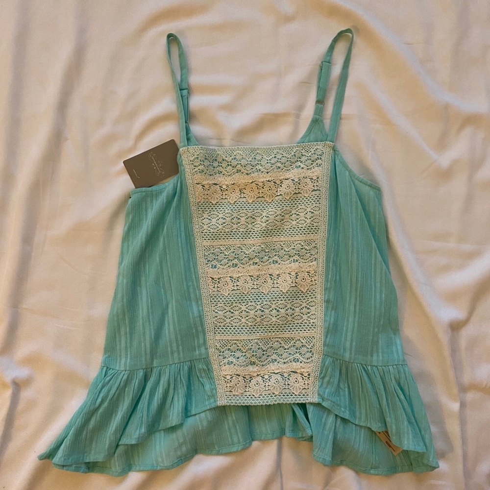 Anthropologie Blue Tank top with White Lace Detail